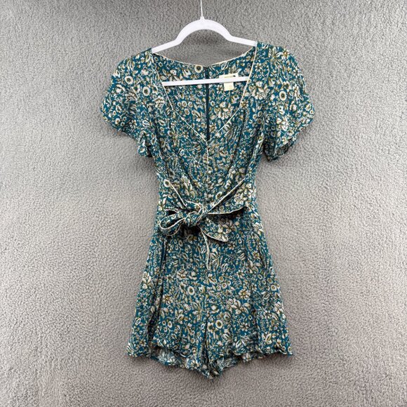 Maeve by Anthropologie Green Floral Short Sleeve Romper Belted Size 4 - Picture 3 of 14